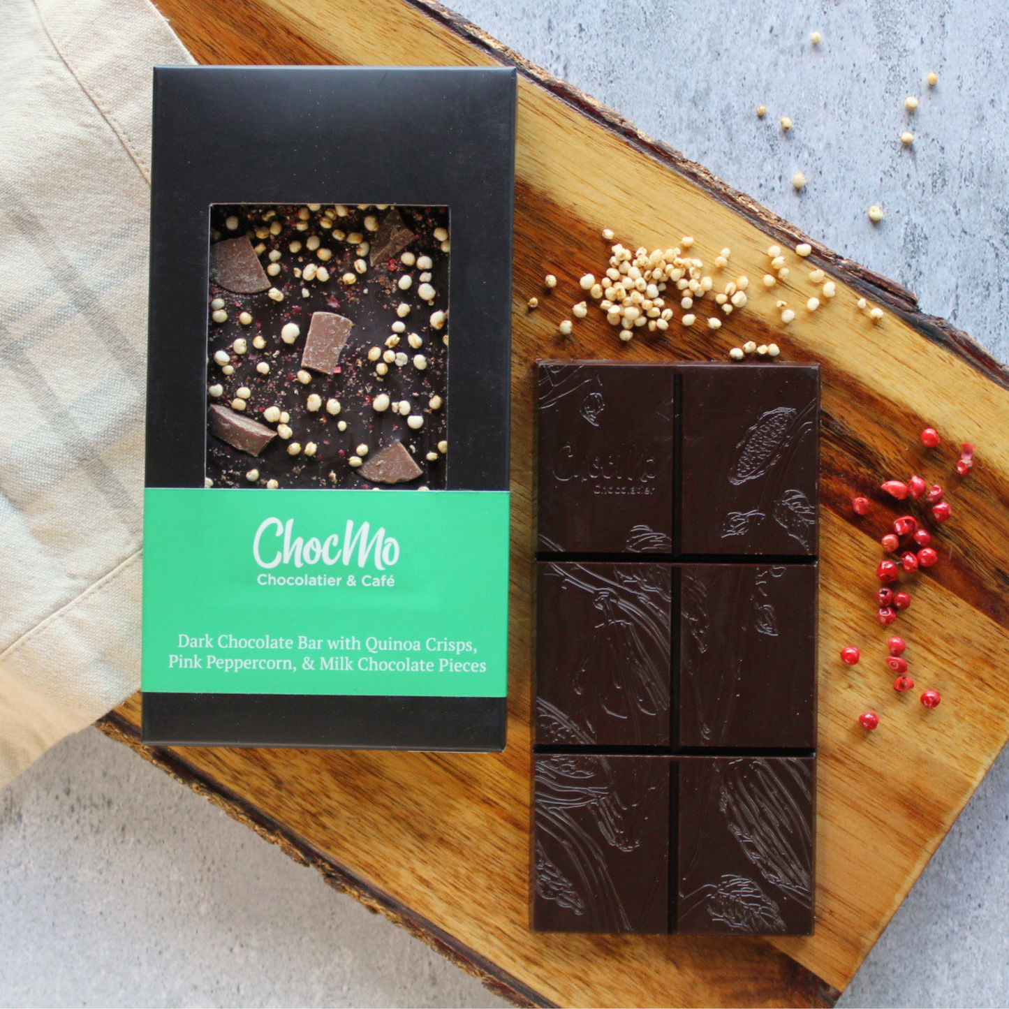 Dark Chocolate Pink Peppercorn & Quinoa Crisp Bar