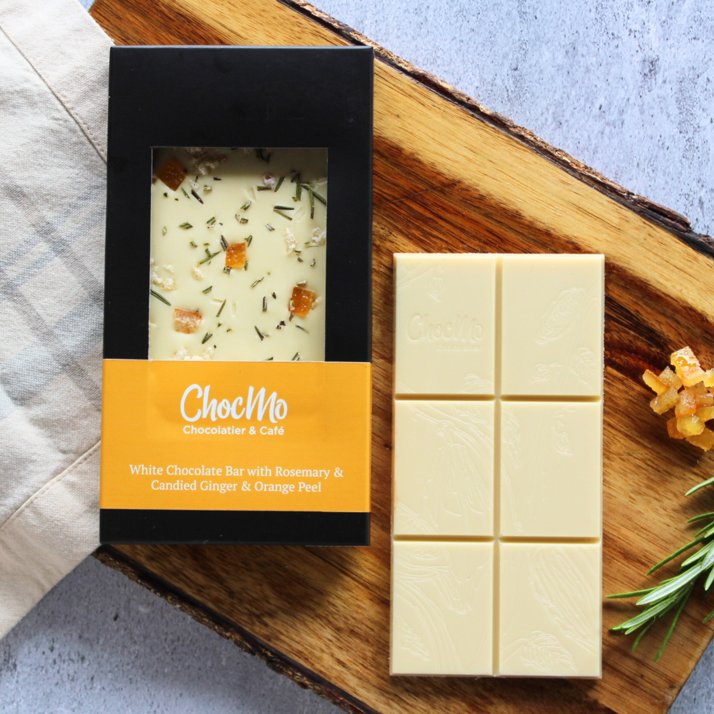 White Chocolate Candied Orange & Ginger with Rosemary Bar